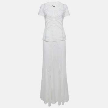 Pre Owned Roberto Cavalli White Perforated Knit Top & Maxi Skirt Set M