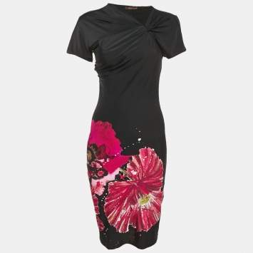 Pre Owned Roberto Cavalli Black Printed Jersey Ruched Detail Mini Dress S