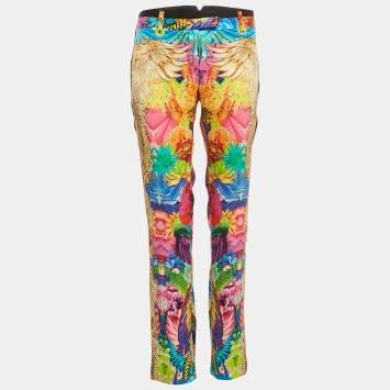 Pre Owned Roberto Cavalli Multicolor Floral Print Silk Trousers M