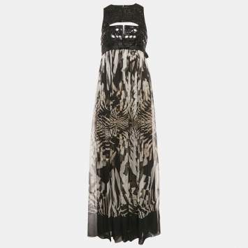 Pre Owned Roberto Cavalli Black Crystal Embellished Silk Maxi Dress M
