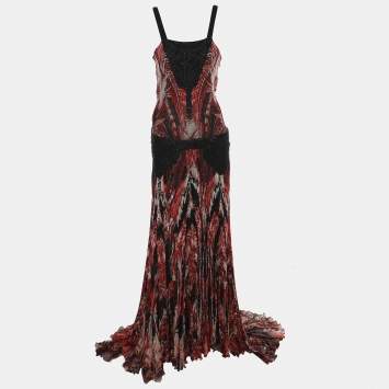 Pre Owned Roberto Cavalli Red/Multicolor Chiffon Maxi Dress S