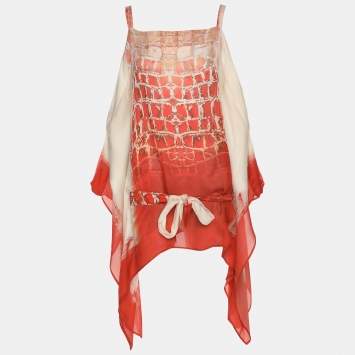 Pre Owned Roberto Cavalli Orange & White Printed Silk Wrap Around Belted Kaftan Blouse