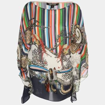 Roberto Cavalli Multicolor Stripe Printed Silk Belted Kaftan Blouse S