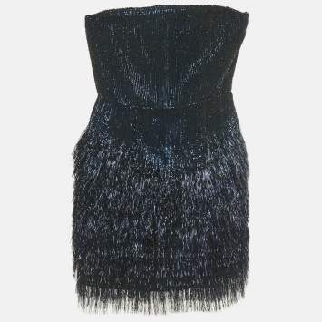 Pre Owned Roberto Cavalli Blue Sequin and Lurex Fringed Strapless Mini Dress S