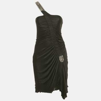 Pre Owned Roberto Cavalli Black Embellished Jersey One Shoulder Mini Dress M 