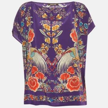 Pre Owned Roberto Cavalli  Purple Printed Silk Kaftan Top S