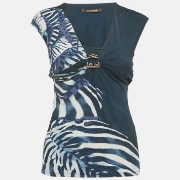 Pre Owned Roberto Cavalli Blue Printed Jersey Neck Detail Top S