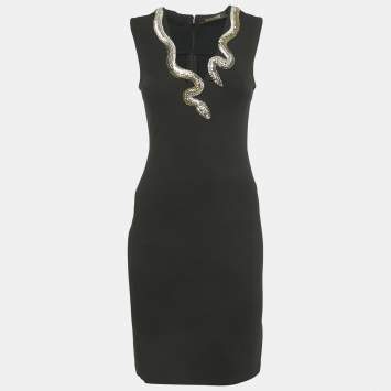 Roberto Cavalli Black Snake Embellished Jersey Mini Dress S