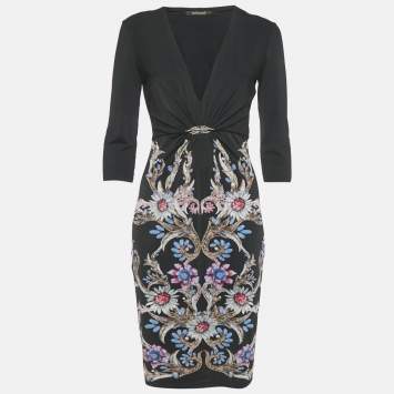 Pre Owned Roberto Cavalli Black Printed Jersey Short Dress M