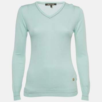 Pre Owned Roberto Cavalli Blue Cotton Knit V-Neck Sweater M