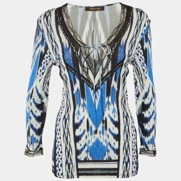 Pre Owned Roberto Cavalli Blue/Black Printed Jersey Lace Detail Top M