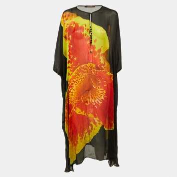 Pre Owned Roberto Cavalli Black Floral Print Silk Cover Up Kaftan S