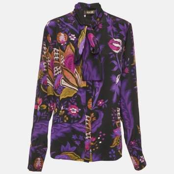 Pre Owned Roberto Cavalli Purple Floral Print Silk Neck Tie Detail Blouse L