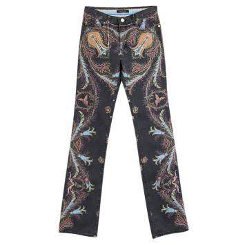 Pre Owned Roberto Cavalli Grey Printed Flared Bottom Jeans XS