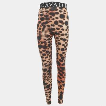 Pre Owned Roberto Cavalli Brown/Pink Animal Print Logo Waist Band Leggings L