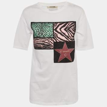Pre Owned Roberto Cavalli  Multicolor Jersey Walk of Fame Patched Crew Neck T-Shirt XS