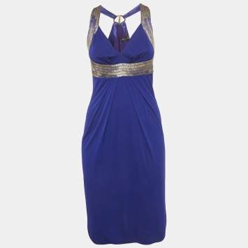 Pre Owned Roberto Cavalli Blue Beaded Jersey Short Dress S