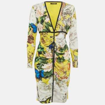 Pre Owned Roberto Cavalli Yellow Floral Print Jersey Ruched Detail Short Dress L