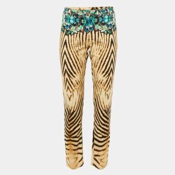 Pre Owned Roberto Cavalli Beige Crystal Animal Print Cotton Skinny Jeans M/Waist 32"