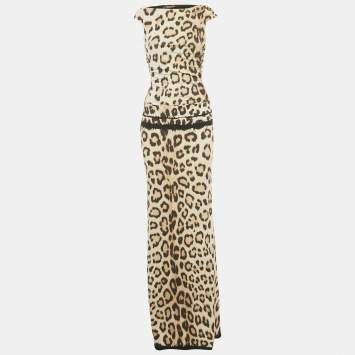 Pre Owned Roberto Cavalli Beige Animal Printed Jersey Cutout Back Detail Long Dress M