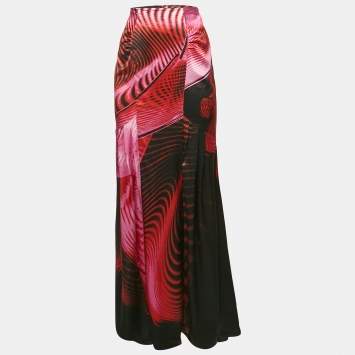 Pre Owned Roberto Cavalli Pink/Black Printed Silk Maxi Skirt M