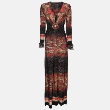 Pre Owned Roberto Cavalli Multicolor Snake Print Stretch Fabric Long Sleeve Maxi Dress S
