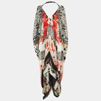 Pre Owned Roberto Cavalli Black/White Printed Silk Kaftan Maxi Dress L