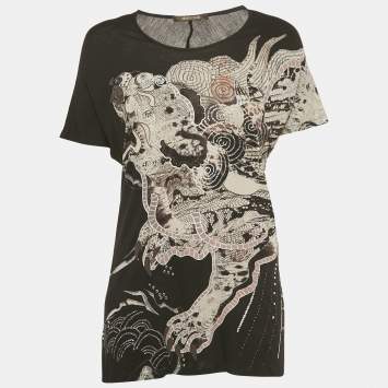 Pre Owned Roberto Cavalli Black Printed Stud Detail Jersey T-Shirt M