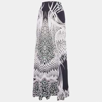 Pre Owned Roberto Cavalli Black Printed Jersey Maxi Skirt L