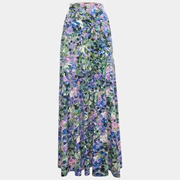 Pre Owned Roberto Cavalli Purple Printed Jersey Maxi Skirt M