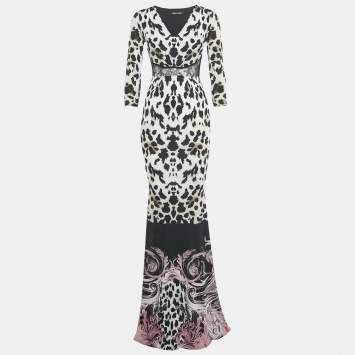Pre Owned Roberto Cavalli Black /White Animal Print Lace Detail Jersey Maxi Dress S 