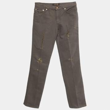 مملوكة مسبقًا بنطلون جينز روبرتو كافالي دينيم بني وذهبي تأثير ممزق أرجل مستقيمة صغير مقاس خصر 27"