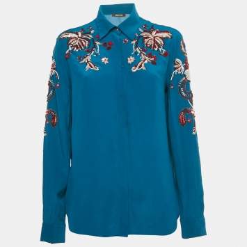 Pre Owned Roberto Cavalli Blue Sequin Embroidered Silk Shirt M