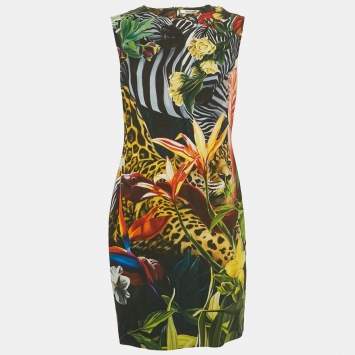 Pre Owned Roberto Cavalli Green Tropical Print Jersey Mini Dress L