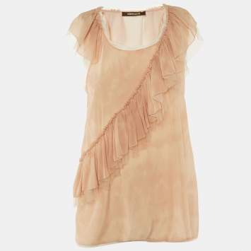 Pre Owned Roberto Cavalli Beige Tie Dye Silk Frill Detail Top S