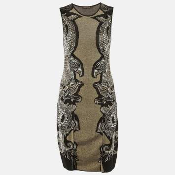 مملوكة مسبقًا Roberto Cavalli Black Eagle Patterned Lurex Knit Short Dress S  