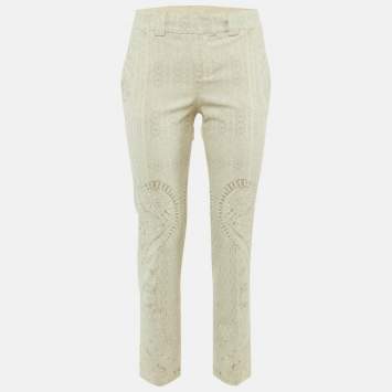 Pre Owned Roberto Cavalli Ivory/Grey Paisley Print Cotton Trousers S