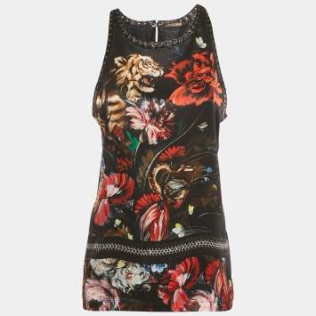 مملوكة مسبقًا Roberto Cavalli Black Floral Print Silk Lace-up Leather Tank Top M