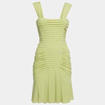 Pre Owned Roberto Cavalli Lime Green Crepe Ruched Mini Dress S 