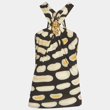 مملوكة مسبقًا Roberto Cavalli Black Printed Jersey Brooch Detail Halter Neck Top S