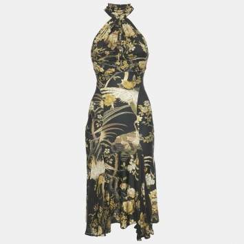 Pre Owned Roberto Cavalli Black Floral Print Jersey and Silk Sleeveless Midi Dress S