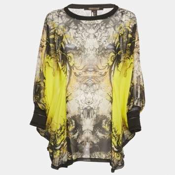 Pre Owned Roberto Cavalli Yellow /Black Printed Silk Tunic Top S 