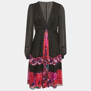 Pre Owned Roberto Cavalli Black Printed Silk Midi Dress  M