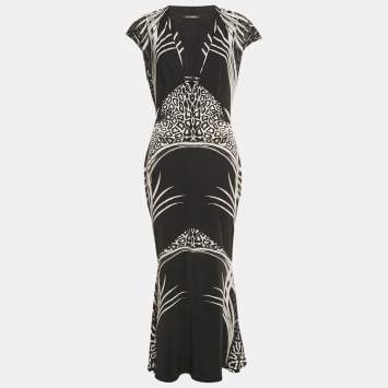 Pre Owned Roberto Cavalli Black Printed Jersey Brocch Detail Maxi Dress M