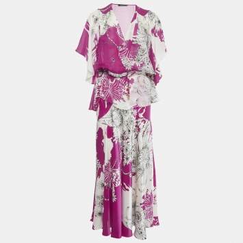 Pre Owned Roberto Cavalli Pink Floral Print Silk Top &Skirt Set M/L