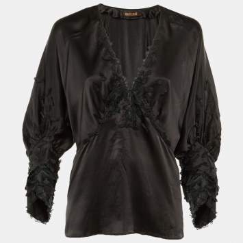 مملوكة مسبقًا Roberto Cavalli Black Silk Floral Applique Detail Blouse M 