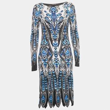 Pre Owned Roberto Cavalli Blue Printed Jersey Long Sleeve Dress M