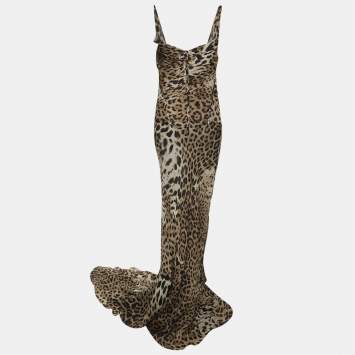 Pre Owned Roberto Cavalli Beige Leopard Print Silk Maxi Dress L