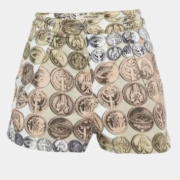 Pre Owned Roberto Cavalli Beige Printed Denim Shorts S/Waist 26"