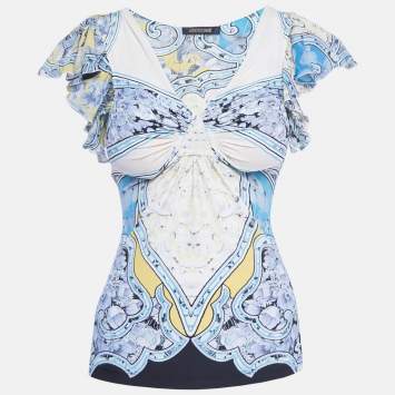 Pre Owned Roberto Cavalli Multicolor Print Jersey Short Sleeve Top S